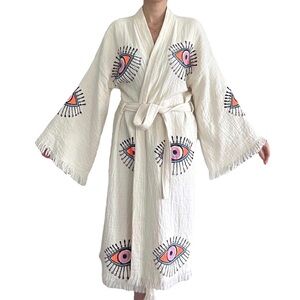 Handmade Evil Eye Kimono, Robe, Kaftan 100% COTTON one size